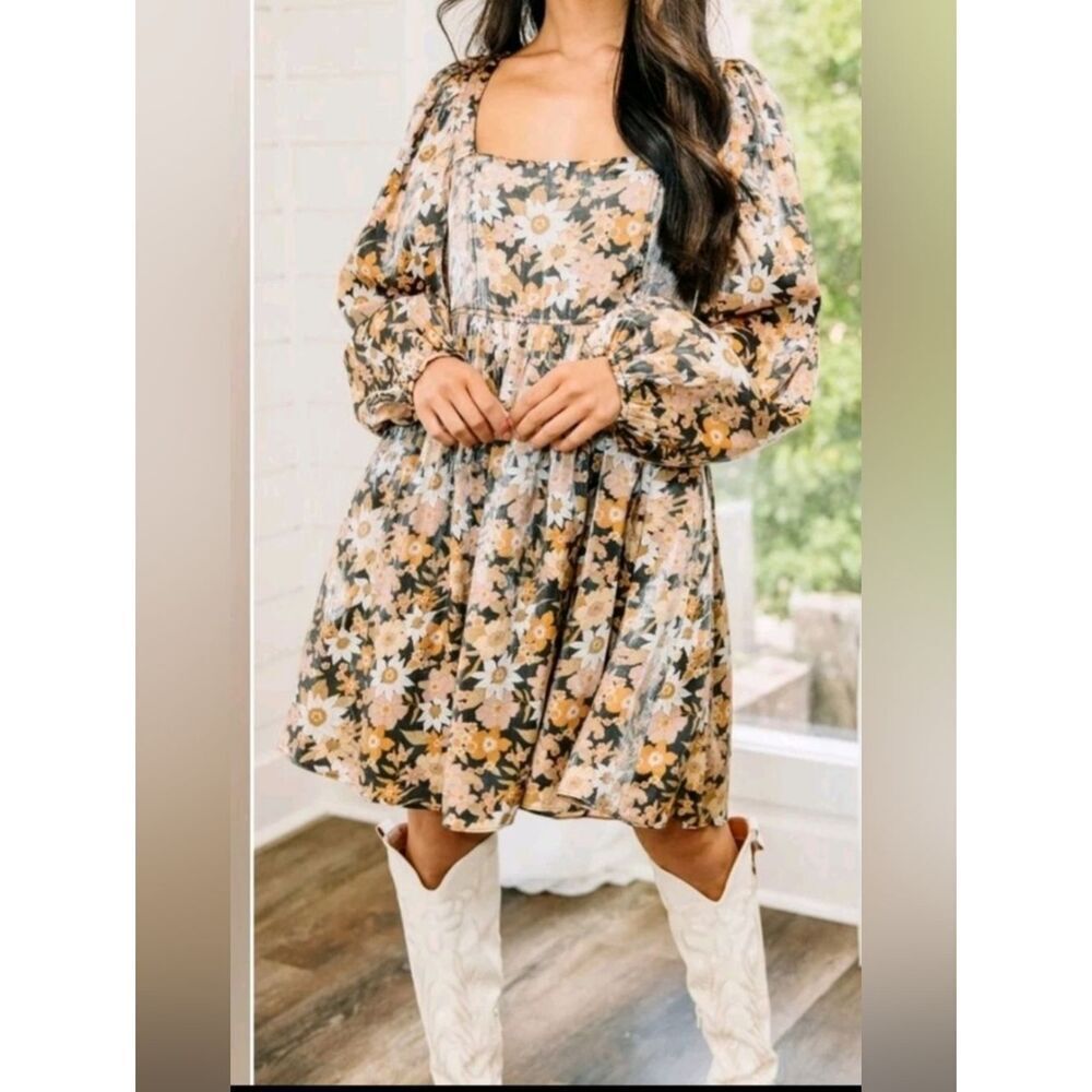 Altar’D State Black Yellow Shiny Floral Baby Doll Dress Womens size S